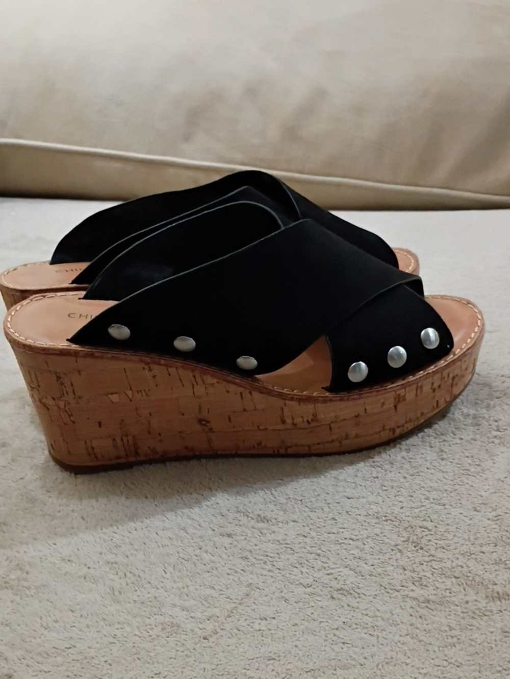 Chinese Laundry Women's Black Cork Wedge Sandals with Stud Detail